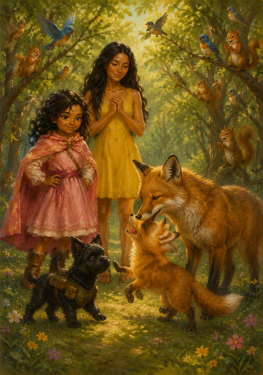 The fox cub scampers back to its mother, who nuzzles it affectionately before giving a grateful nod to the girls. All the birds and squirrels in the trees erupt into a joyful chorus of thanks, filling the air with song. The forest feels bright and happy once again thanks to the secret warriors.