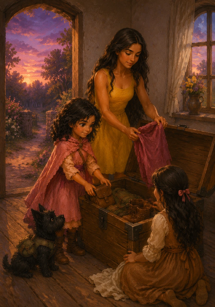 As the sky turns a soft shade of purple and orange, the four friends make their way back to the cottage. They hide their gear once more in the secret chest, returning to their roles as simple country girls and their pets. The secret of their bravery remains safe within the whispering trees.