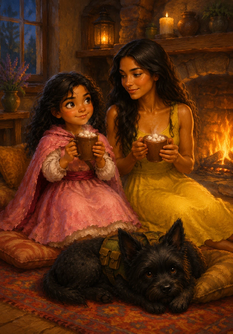 Back inside the warm house, Mia and Maite share a secret smile while sipping hot cocoa by the fireplace. Ruffo and Olivia curl up on the rug, dreaming of their next big adventure in the woods. They are the quiet guardians of the forest, ready to help whenever a friend is in need.