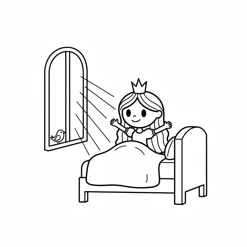 Princess Luna wakes up in her grand castle room, a smile on her face. Sunlight peeks through a tall window, making her soft bed glow. A tiny, friendly bird perches on her windowsill, ready to greet the day. A simple circle head for Princess Luna, two dots for eyes, a curved line for a smile. Simple curved body, stick arms and legs. A bed with a simple rectangular frame and a curved blanket. A tall, simple window with two lines. A tiny bird as a simple oval with a beak.
