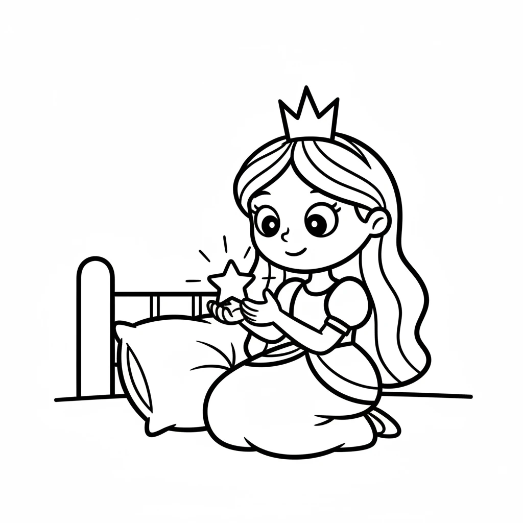 Luna discovers a sparkling little star on her pillow. It twinkles softly, inviting her to pick it up. She carefully holds the star, feeling a warmth spread through her hands. Princess Luna's simple hand holding a small, five-pointed star. The star has simple radiating lines. Her face shows wonder, with a simple curved mouth and dot eyes.