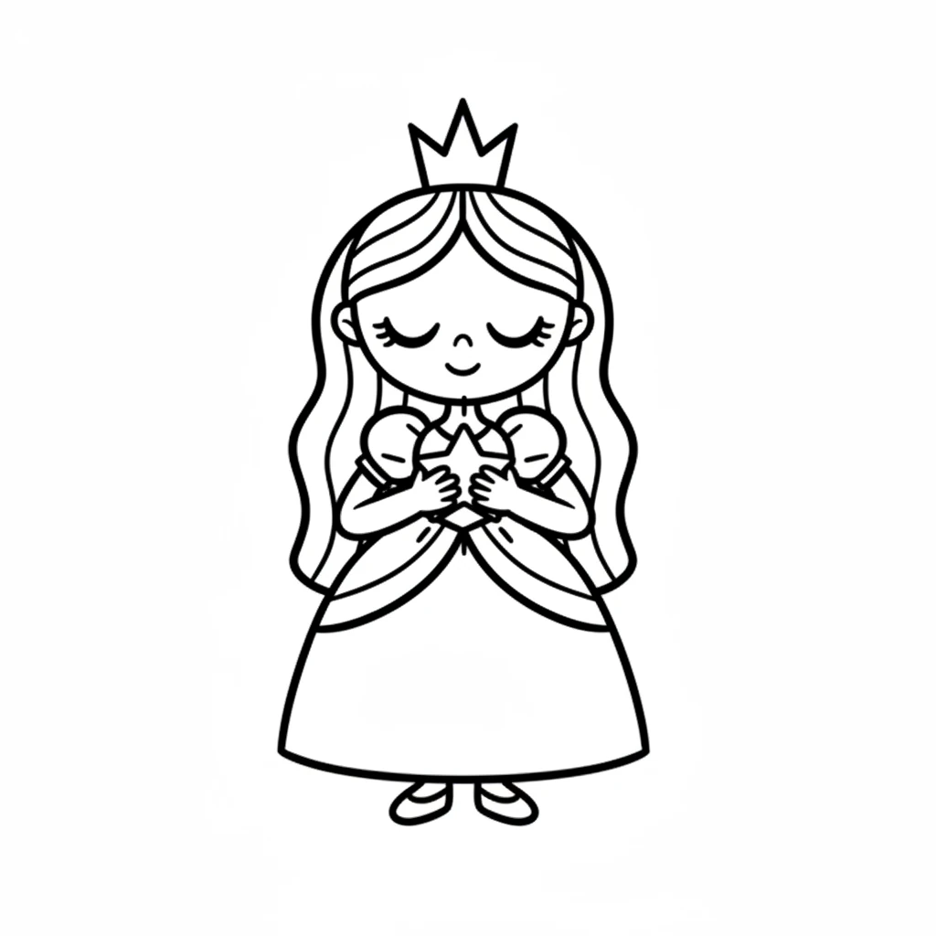 She makes a silent wish, holding the star close to her heart. Her eyes are closed, full of hope and imagination. The star glows a little brighter in response to her wish. Luna with her eyes closed, simple curved lines for eyelashes. Her arms are bent, hands clasped over her chest, holding the simple star. The star has slightly longer radiating lines to show brightness.