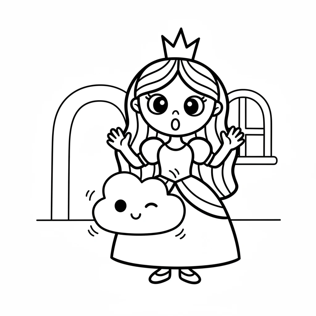 Suddenly, a tiny, friendly cloud with a happy face floats into her room. It giggles softly, making the air feel light and joyful. The cloud winks at Luna, ready for fun. A simple, rounded cloud shape with two dots for eyes and a curved line for a smile. Simple lines for a wink. Luna looks surprised and happy with wide-open dot eyes and an 'O' shaped mouth.