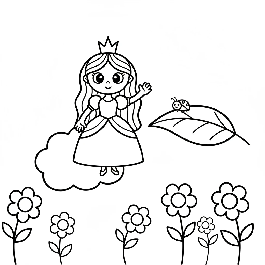 Luna and the cloud friend float together through the castle gardens. Bright, simple flowers bloom all around them. They wave to a happy ladybug on a leaf. Luna and the cloud side-by-side, simple flowers (circles with petals) on stalks. A single leaf with a small, round ladybug (circle with dots). Luna's arm is raised in a simple waving gesture.