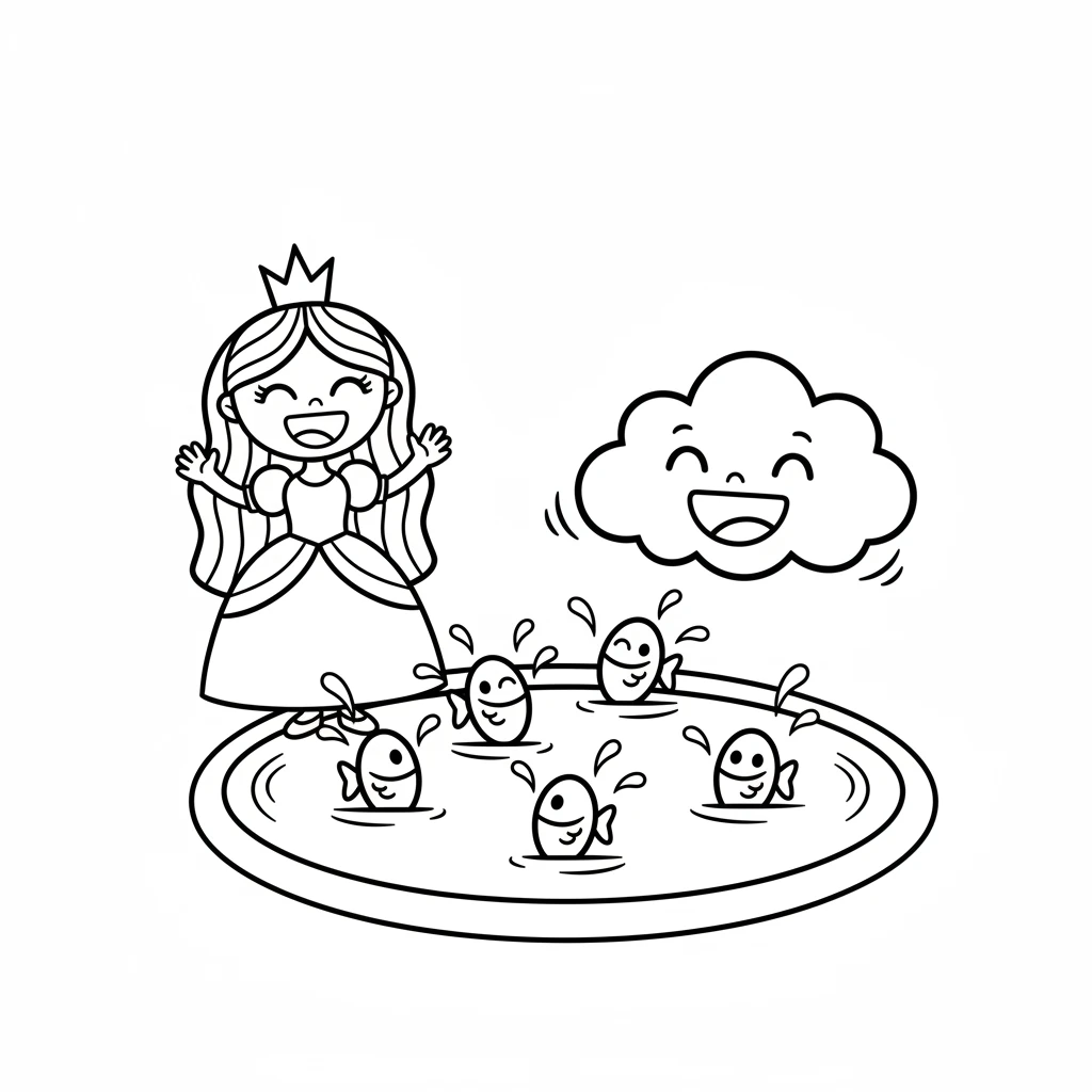 They arrive at a shimmering pond where happy little fish swim and jump. The fish make playful splashes in the water. Luna and her cloud friend laugh together at the fish's antics. A simple oval pond. A few simple fish shapes (ovals with fins) jumping out of the water, represented by simple curved splash lines. Luna and the cloud are smiling with open mouths.