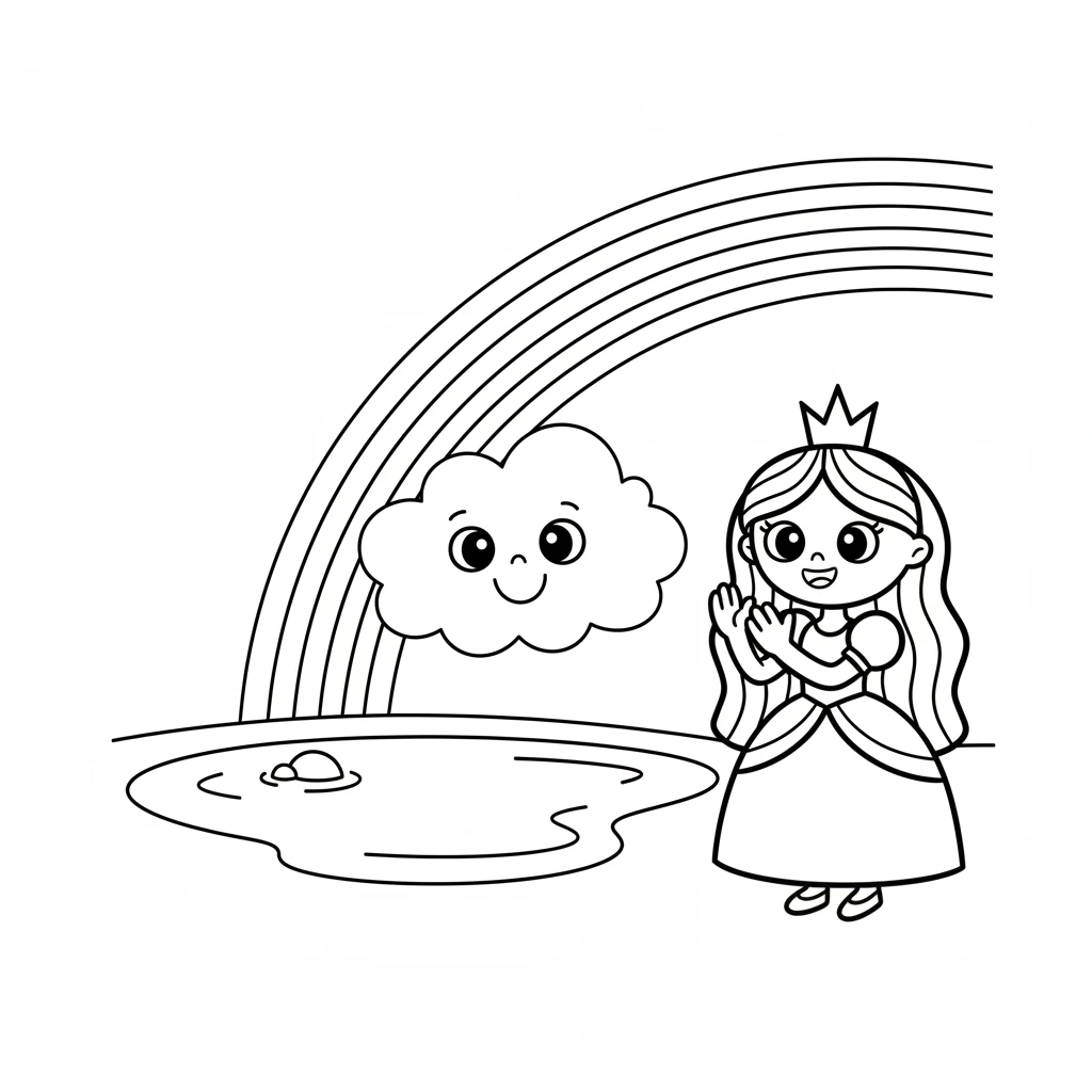 The cloud friend magically creates a rainbow arch over the pond. All the colors of the rainbow appear as simple, curved bands. Luna claps her hands with delight at the beautiful sight. A large, simple curved rainbow arch made of parallel lines. Luna clapping her simple hands (two small ovals near each other). The cloud friend looks proud with a wider smile.