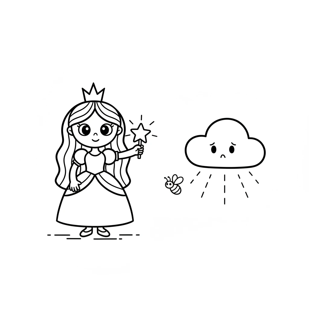 A small, lost firefly needs help finding its way home. Luna gently guides the firefly with the light from her sparkling star. The cloud friend helps by lighting the path. A tiny oval firefly with two antennae. Luna's hand holding the simple star, pointing the way with a single line arm. The cloud friend with a helpful, slightly concerned expression.