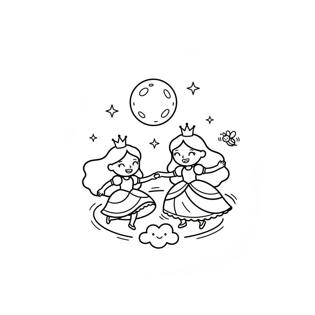 The firefly is safely home, and Luna, the cloud, and the firefly celebrate with a dance under the moon. Simple stars twinkle in the night sky. They all spin around happily. Luna, the cloud, and the firefly in simple dancing poses (curved lines for motion). A simple circle moon and a few small stars in the sky. All characters have wide, happy smiles.