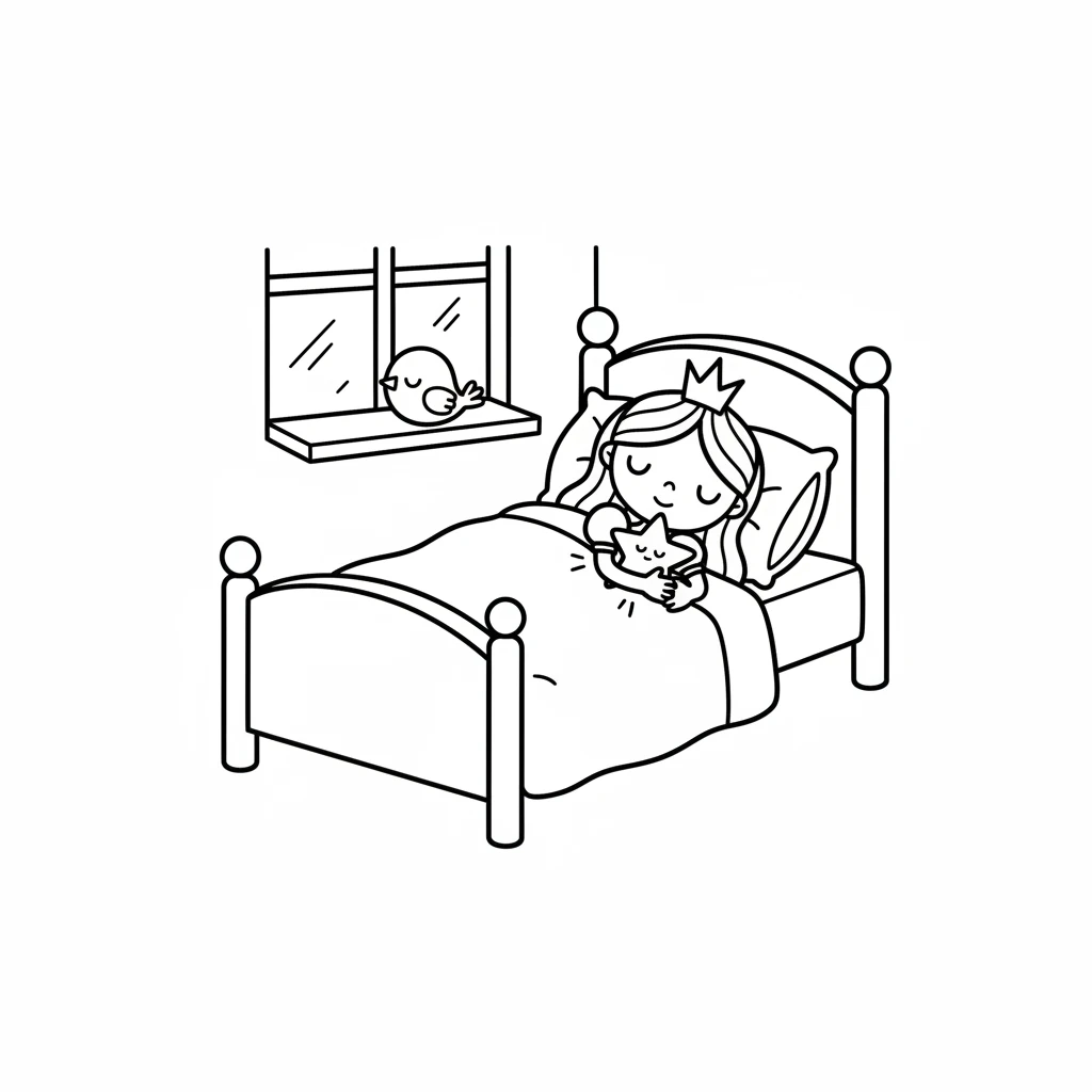 Back in her bed, Luna holds her sparkling star, now a little less bright but full of happy memories. She closes her eyes, dreaming of more magical adventures. The friendly bird is asleep on the windowsill. Luna asleep in her bed, holding the simple star. Her eyes are closed with two short horizontal lines. The simple bird is a tiny oval on the windowsill, also with closed eyes.