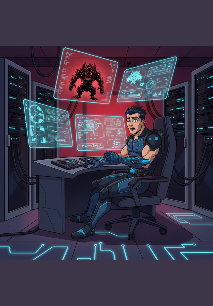 Jax Bionic sits in his high-tech workshop, surrounded by humming servers and glowing holographic displays. Suddenly, every screen in the room turns blood-red as a massive system breach alert blares, signaling a direct attack on the city's power grid.