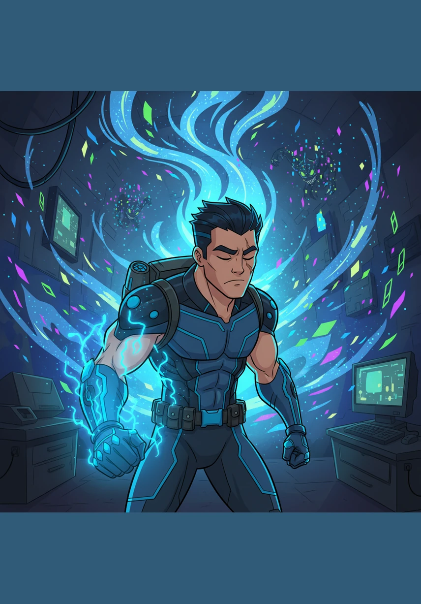 With a determined look, Jax activates his neural link, his bionic arm glowing with a steady blue energy. He closes his eyes as his consciousness is pulled away from the physical world and into the vast, shimmering expanse of the digital frontier.