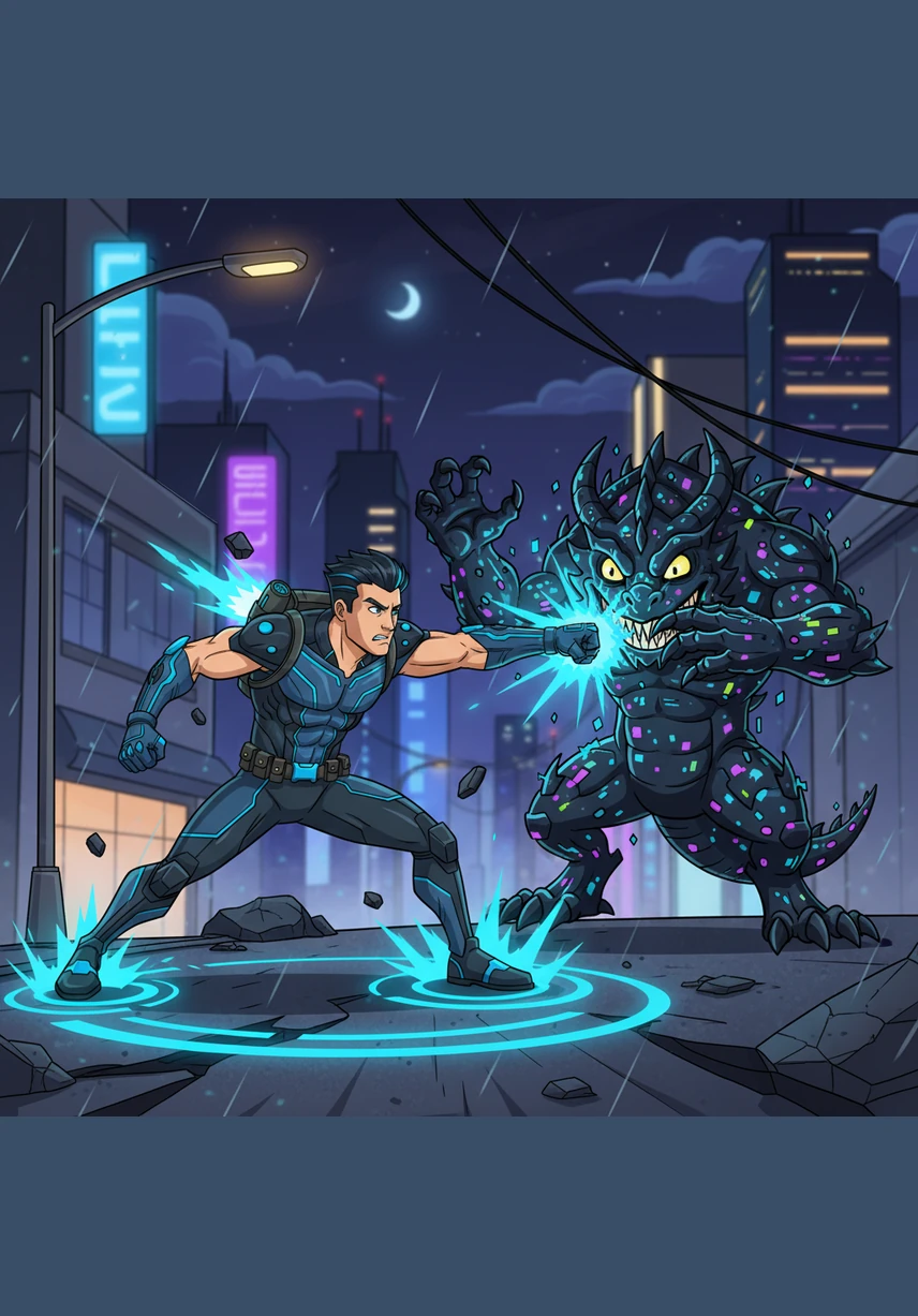 A swarm of glitchy, spider-like drones emerges from the shadows, their eyes glowing with a malicious red light. Jax draws his energy blade from his bionic wrist, the weapon humming with power as the first wave of the cyber-attack lunges toward him.