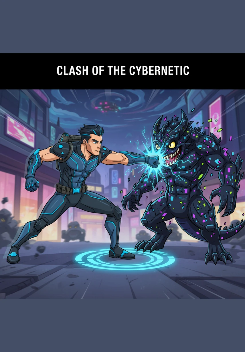 The battle begins as Jax moves with superhuman speed, slicing through the digital monsters in a flurry of sparks and binary code. Each strike releases a burst of pure information that cleanses the corrupted data around him.