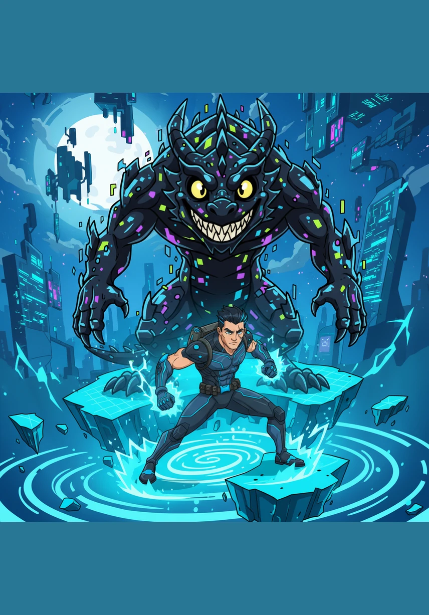 Just as the first wave falls, a massive shadow looms over the central processor, taking the shape of a colossal dragon made of jagged, broken code. The Master Virus roars a sound like static and thunder, shaking the very foundations of the digital realm.