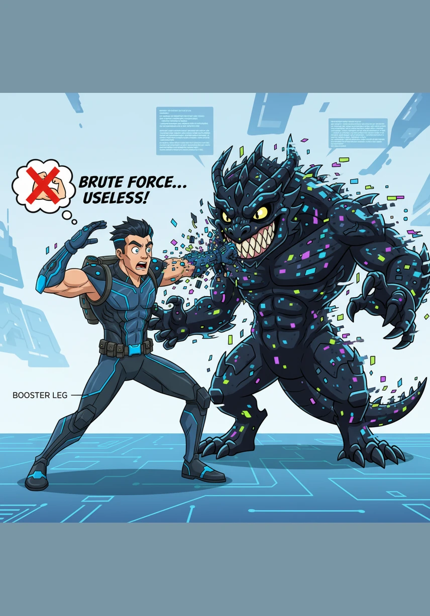 Jax realizes that brute force won't be enough to stop a threat this large and complex. He dodges a blast of corrupted energy and dives toward a hidden terminal, intending to rewrite the core security protocols from the inside.