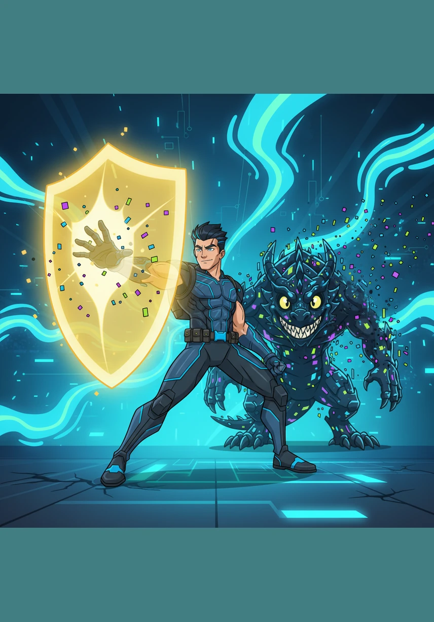 The golden shield expands rapidly, shattering the virus dragon into a million harmless pixels that dissolve into the digital wind. The oily black substance vanishes, replaced by the healthy, vibrant glow of restored data streams.