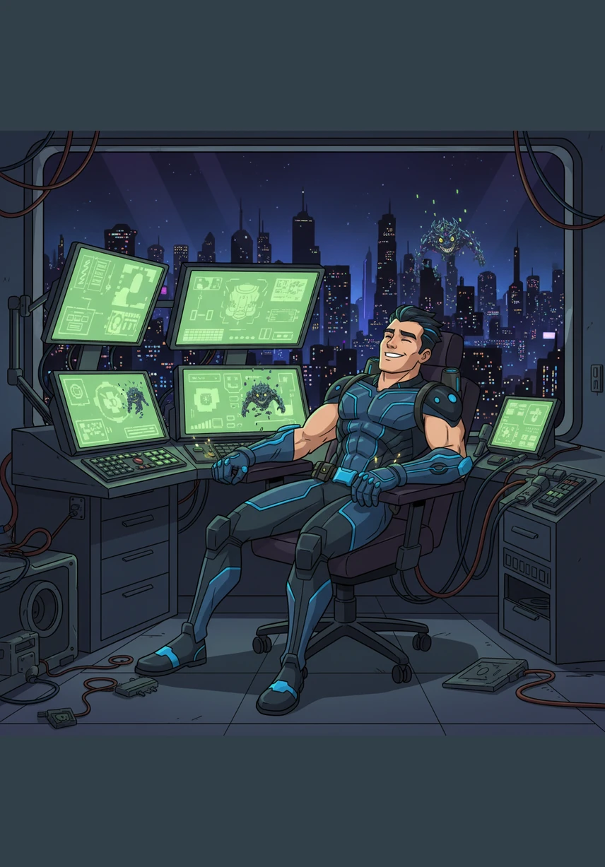 Jax wakes up back in his workshop, his breath heavy but his spirit triumphant as the red alerts turn back to peaceful green. Outside his window, the lights of Neo-City flicker back to life, safe once more thanks to the hero in the machine.