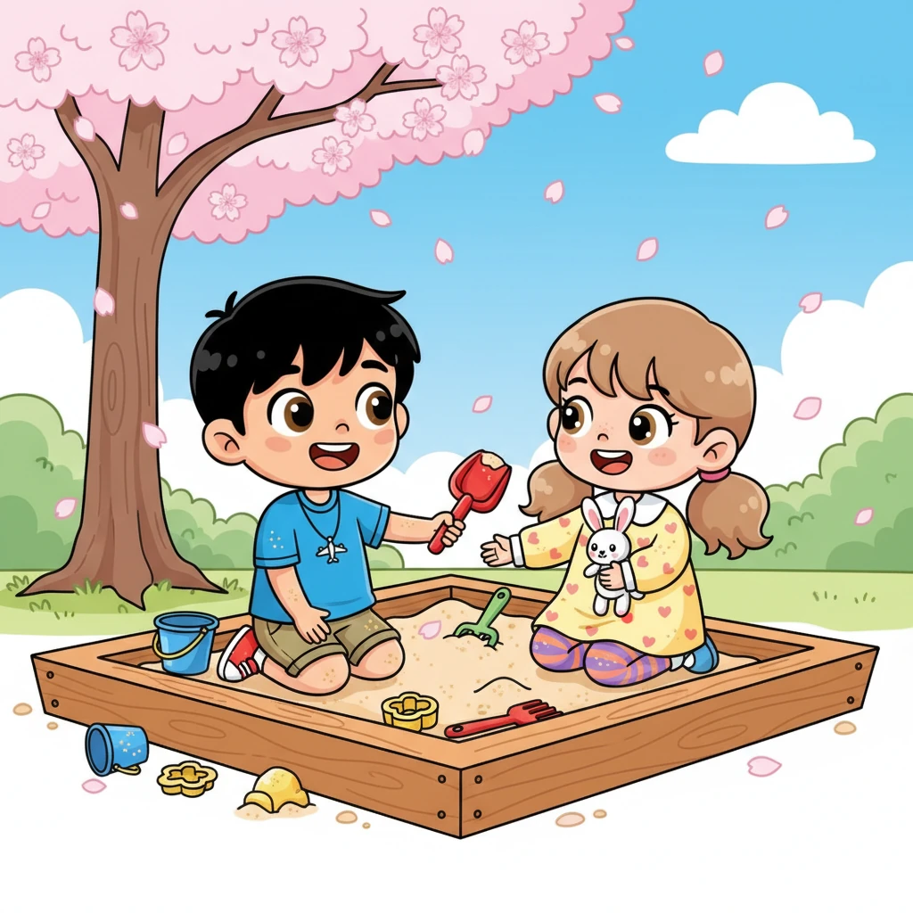 Little Kenji and Sakura played in a sandbox, tiny figures with big, joyful smiles. Kenji, with wide, adoring eyes, always made sure Sakura had the best toy shovel. Cherry blossoms danced around them, marking the beautiful beginning of their shared childhood dreams.