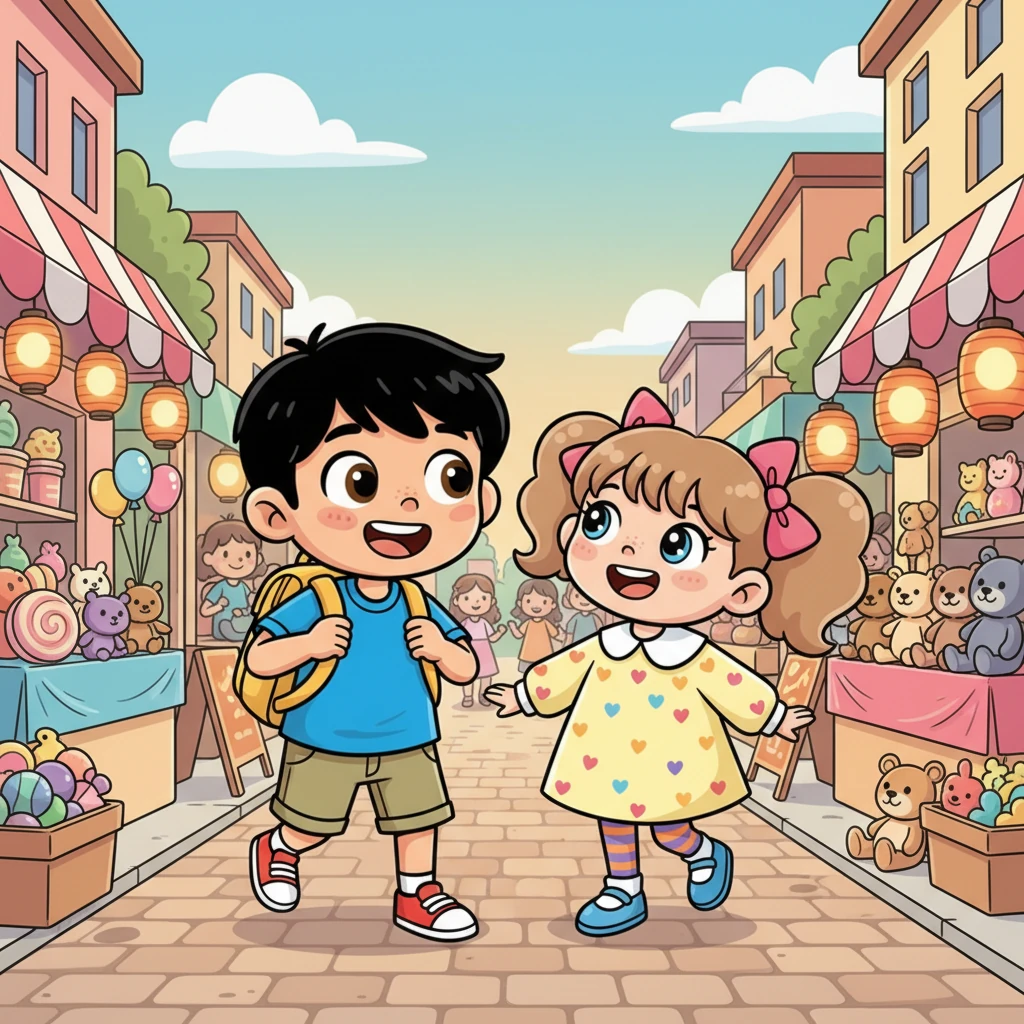Years later, Kenji and Sakura walked home from elementary school, giggling as they passed vibrant street stalls. Kenji proudly carried Sakura's backpack, his face flushed with a quiet happiness that only she could inspire. Their laughter echoed through the bustling neighborhood, a sweet melody of growing friendship.