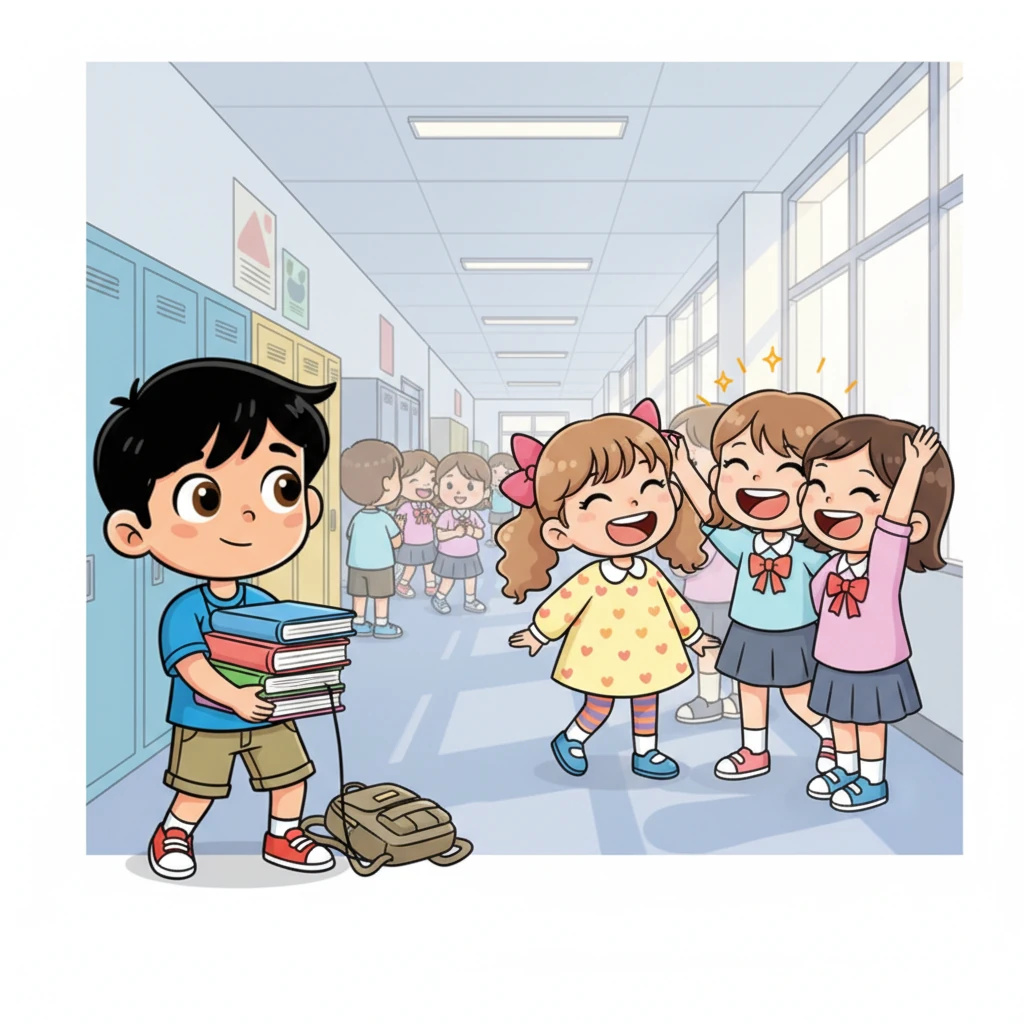 Now in middle school, Kenji still tried to catch Sakura's eye in the bustling hallway, feeling a familiar flutter in his chest. He was a bit clumsy and shy, while Sakura, surrounded by a new, popular group of friends, seemed more confident and distant. Her bright laughter often rang out, but rarely for him anymore.