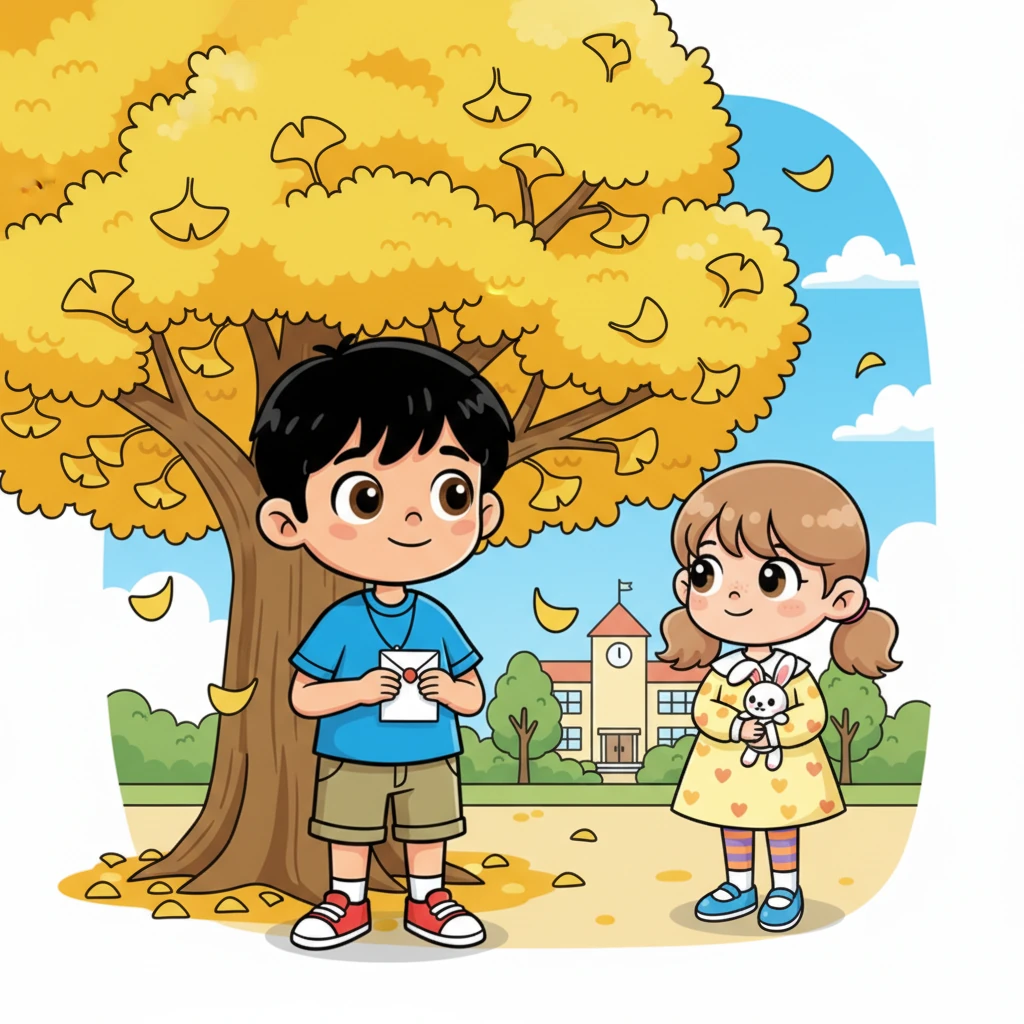 With a heart full of hope, Kenji waited for Sakura under a giant ginkgo tree after school. He clutched a small, carefully folded letter, his hands trembling slightly. Taking a deep breath, he finally approached her, his eyes shining with a silent confession.