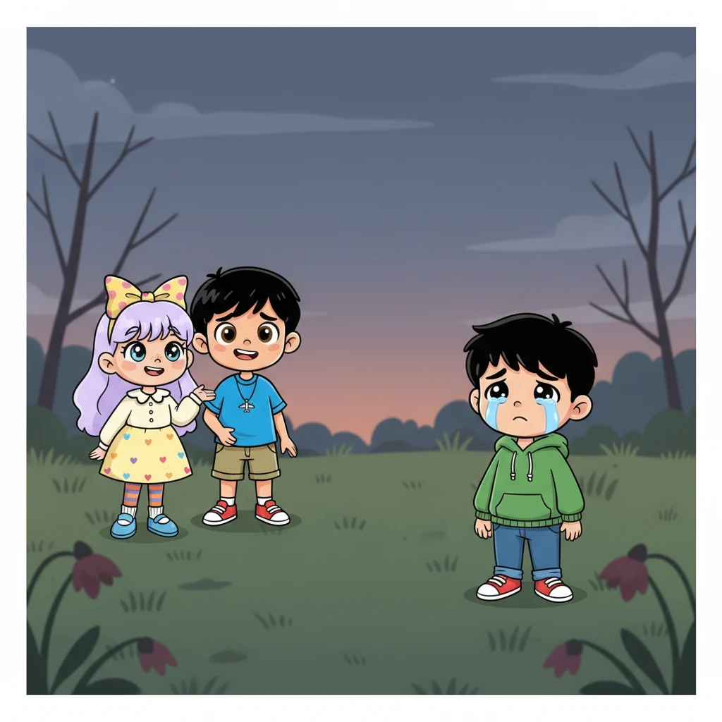 Turning her back, Sakura, with her new friends snickering nearby, told Kenji sharply that it was best if they were no longer friends. Kenji stood alone, a solitary figure under the darkening sky, feeling a deep ache settle in his chest. The world suddenly felt much colder and emptier.