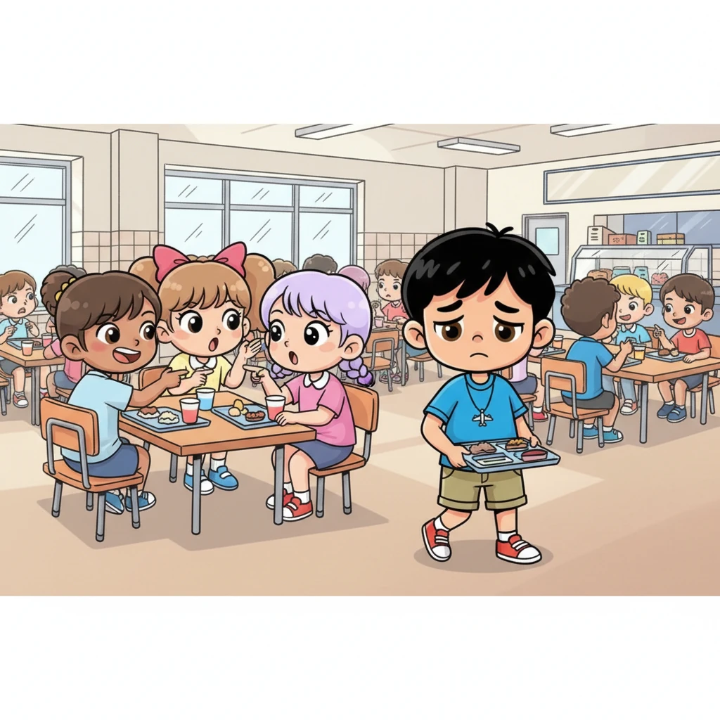 In the noisy school cafeteria, Sakura and her friends openly mocked Kenji's attempts to join their conversation. They whispered and pointed, making him feel small and unwanted. Kenji quickly gathered his tray, his head down, and walked away, seeking solace in a quiet corner.