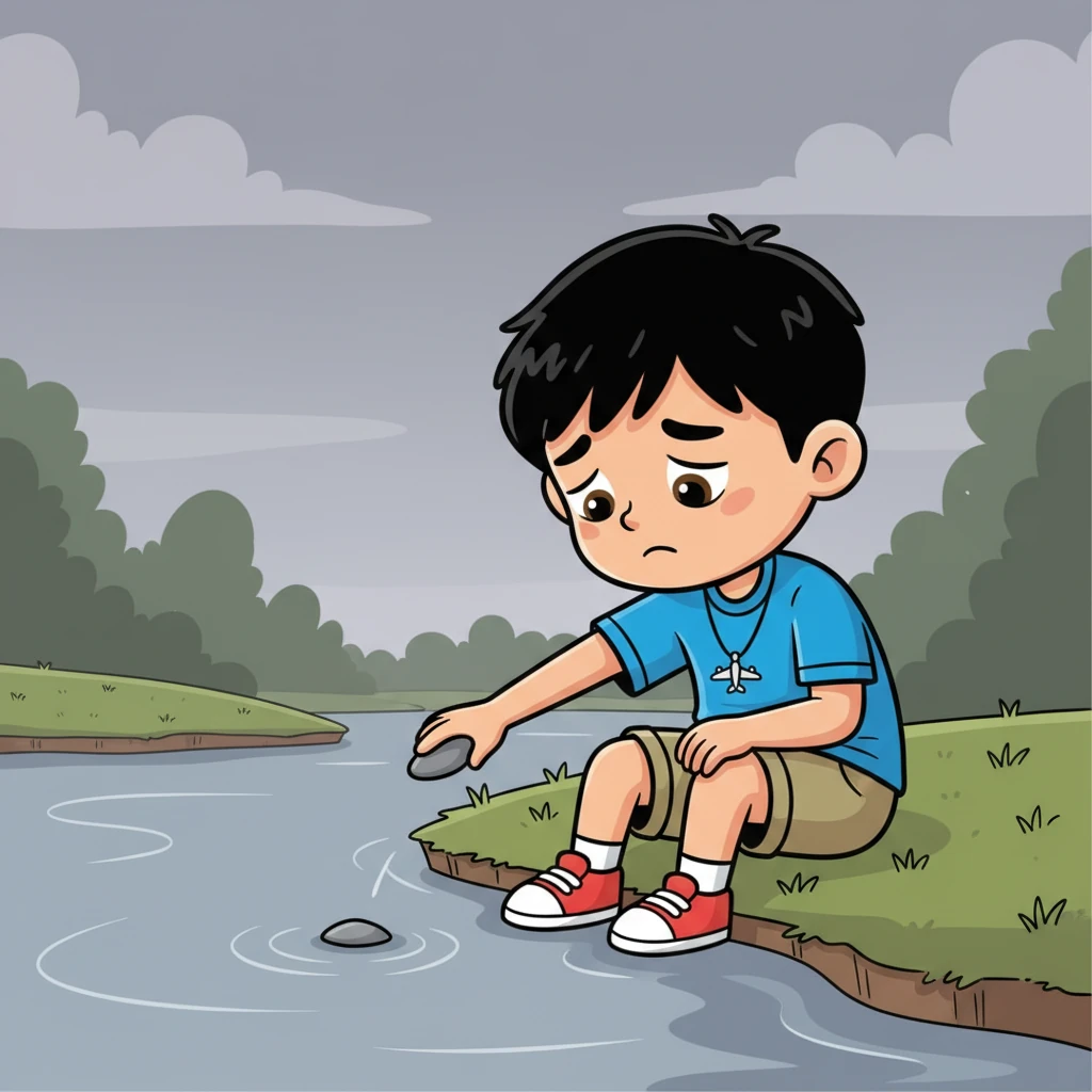 Kenji sat by the riverbank, skipping stones across the water, his shoulders slumped in dejection. The once vibrant world around him now seemed muted, reflecting his deep sadness and confusion. He silently wondered what he had done wrong, lost in a haze of hurt feelings.