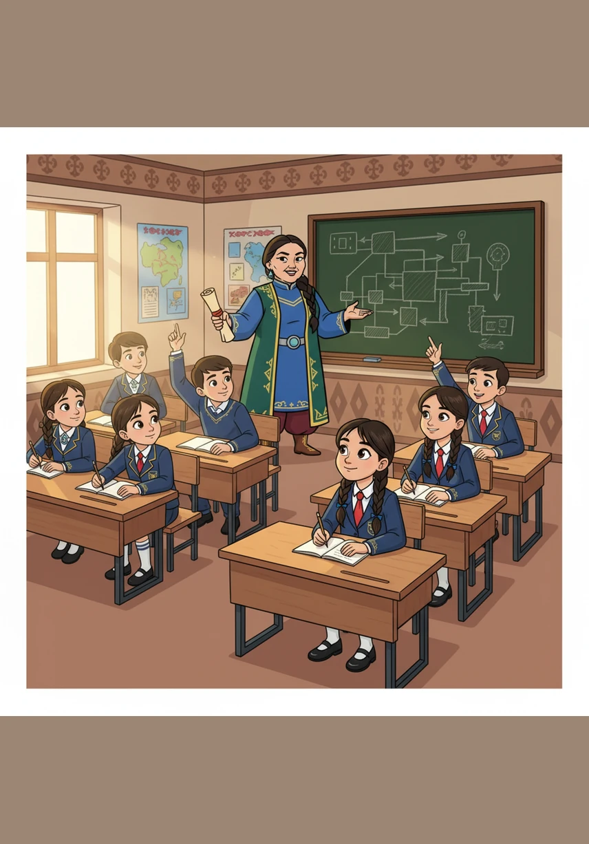 Zeinep stands at the front of her classroom, her face glowing with a passion for the Kazakh language and its rich literature. She looks at her students while holding a book that contains not just words, but the secrets to understanding the world around them.