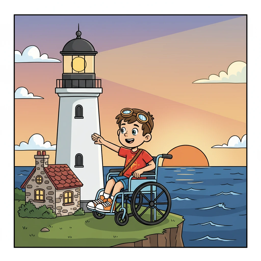Leo lived in a cozy lighthouse by the sea. He loved his job, keeping the light shining bright for all the ships at sea. Leo used a wheelchair, but that never stopped him from exploring and dreaming.
