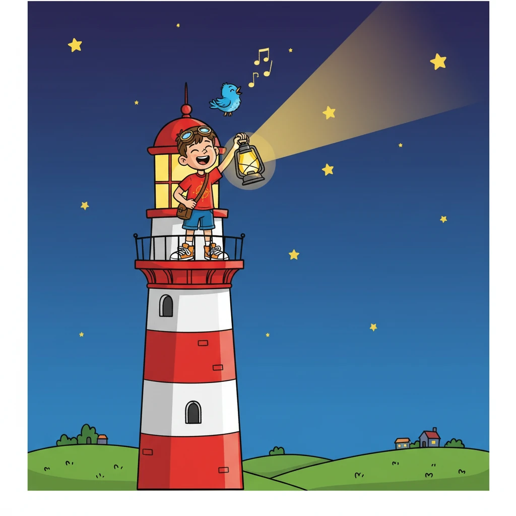 Using his lighthouse lantern, Leo lit up the sky, showing the stars the way. Pip helped by singing a cheerful song to ease their fears.