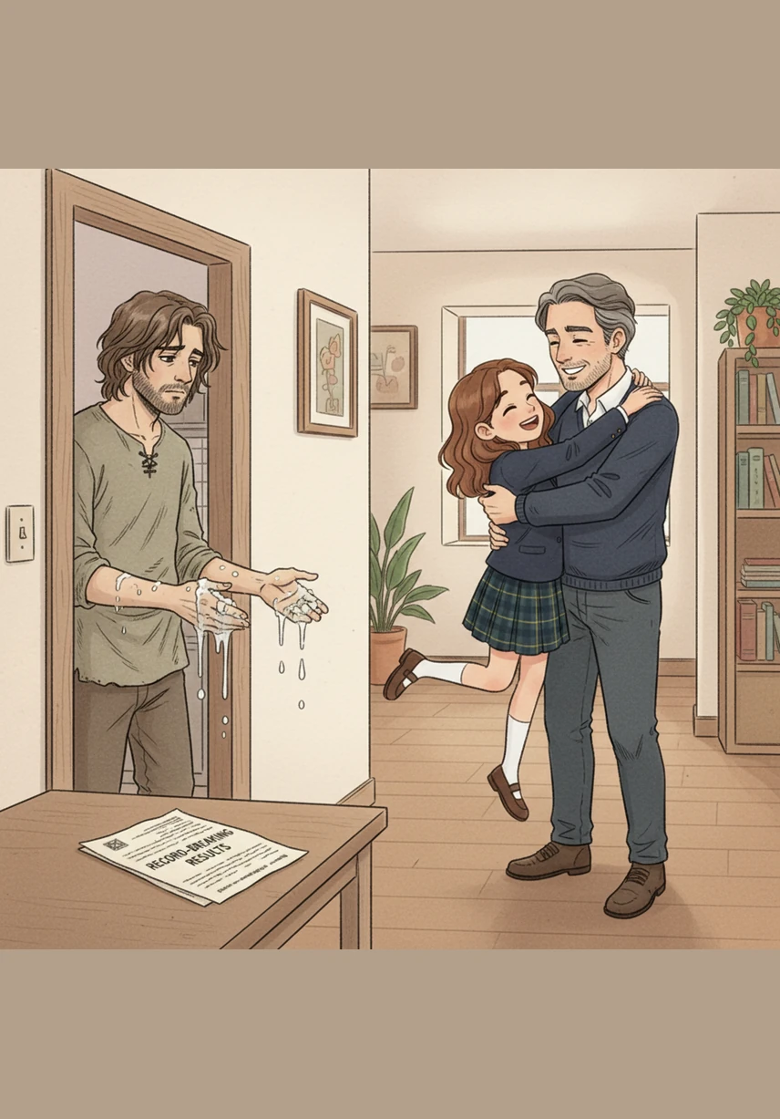 Daniel stands in the kitchen doorway, his hands dripping with soapy water as he watches his parents lift Lina up in a celebratory hug. His own record-breaking result sheet lies ignored on the hallway table, a silent testament to a victory that no one cares to witness.