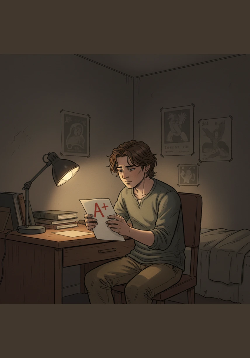 Alone in his dark bedroom, Daniel stares at the A plus on his paper by the light of a small desk lamp. For the first time, the sting of neglect turns into a quiet realization that his worth shouldn't depend on eyes that refuse to see him.
