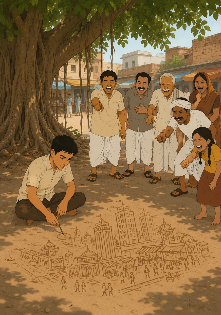 Sitting under the shade of an old banyan tree, Rahul would sketch massive buildings and bustling markets in the dirt with a stick. Passersby often pointed and laughed at him, mocking the poor boy for having such grand, unrealistic ambitions.