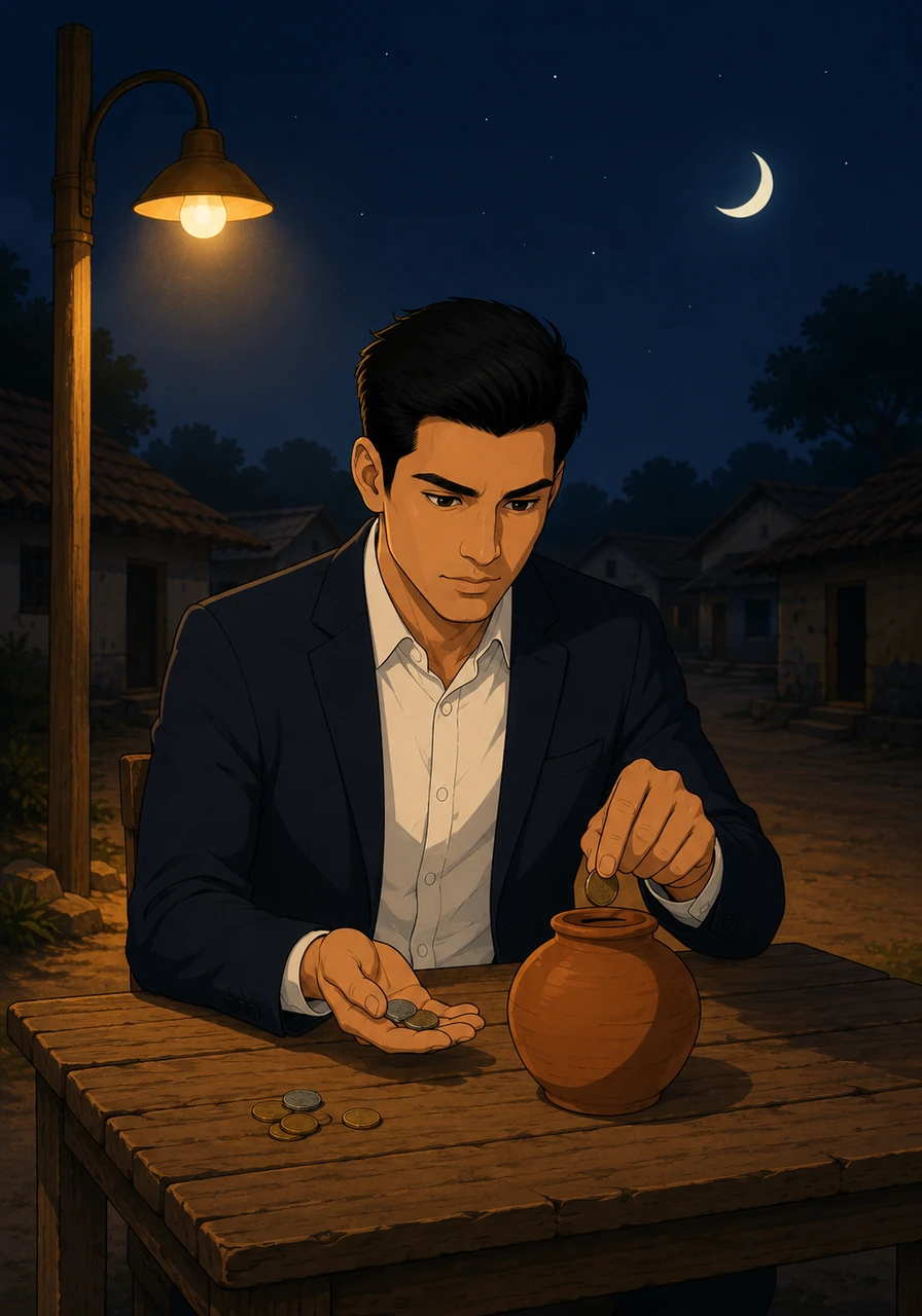 When night fell and the village went to sleep, Rahul worked diligently under the dim, flickering amber glow of a streetlamp. He took on odd jobs, carefully counting the few coins he earned and saving them inside a small earthenware piggy bank.