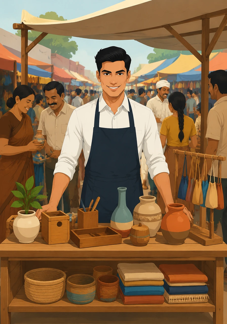 With his hard-earned savings, Rahul proudly set up a small wooden stall in the bustling corner of a local market. He started his own micro-business, selling handmade goods with a hopeful smile on his face.
