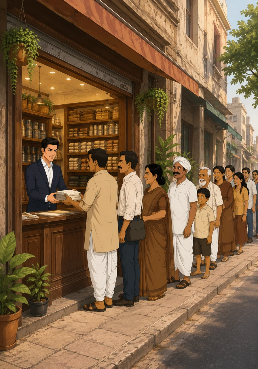 Years passed, and Rahul's tiny stall transformed into a beautiful, thriving storefront with a bright, welcoming sign. Customers lined up outside, and his business finally began to flourish through his sheer patience and dedication.