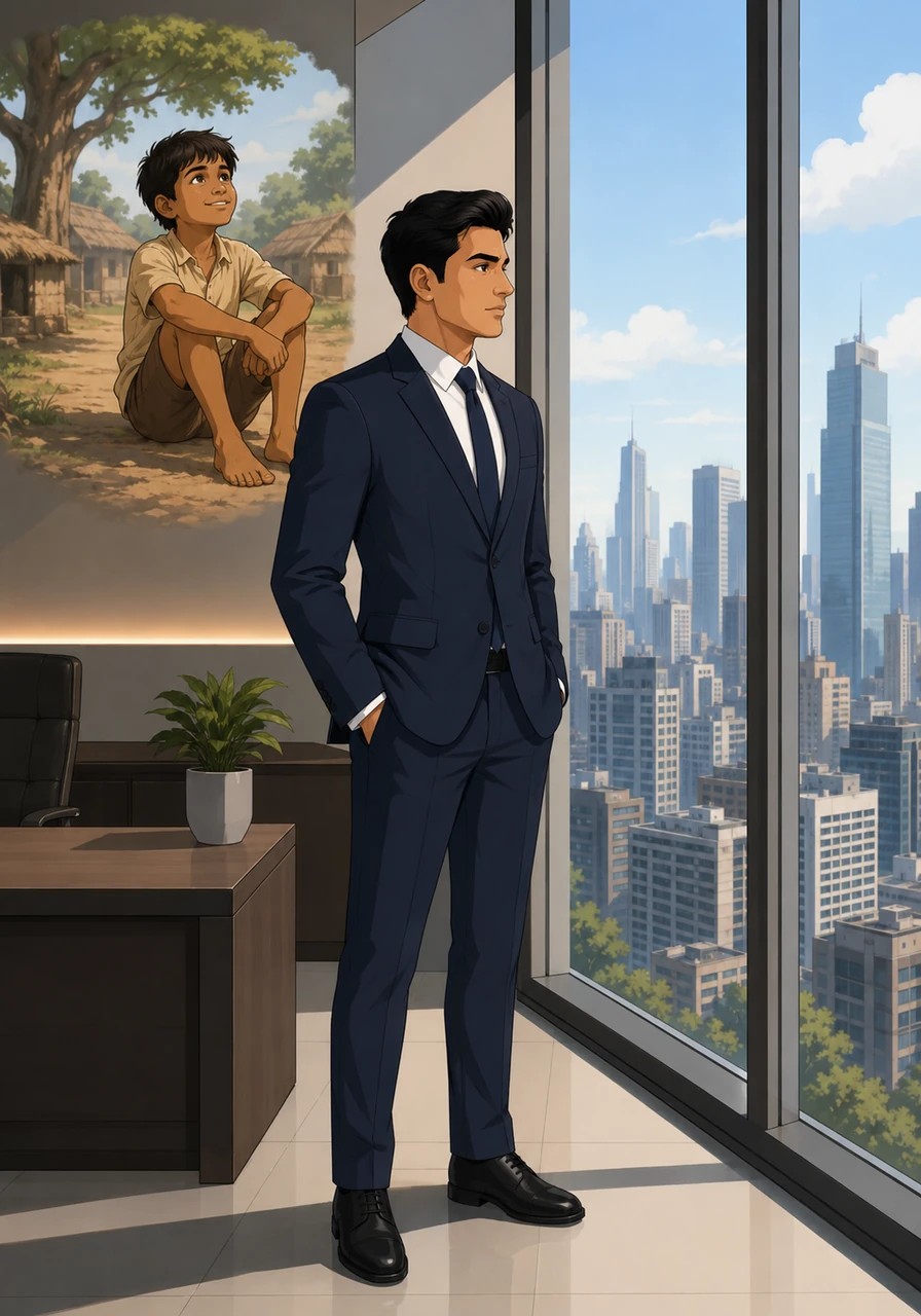 Now a successful and wealthy man, Rahul stood in a sleek, modern office overlooking a bustling city skyline. Dressed in a fine suit, he looked out the window, remembering the poor village boy who never stopped believing.
