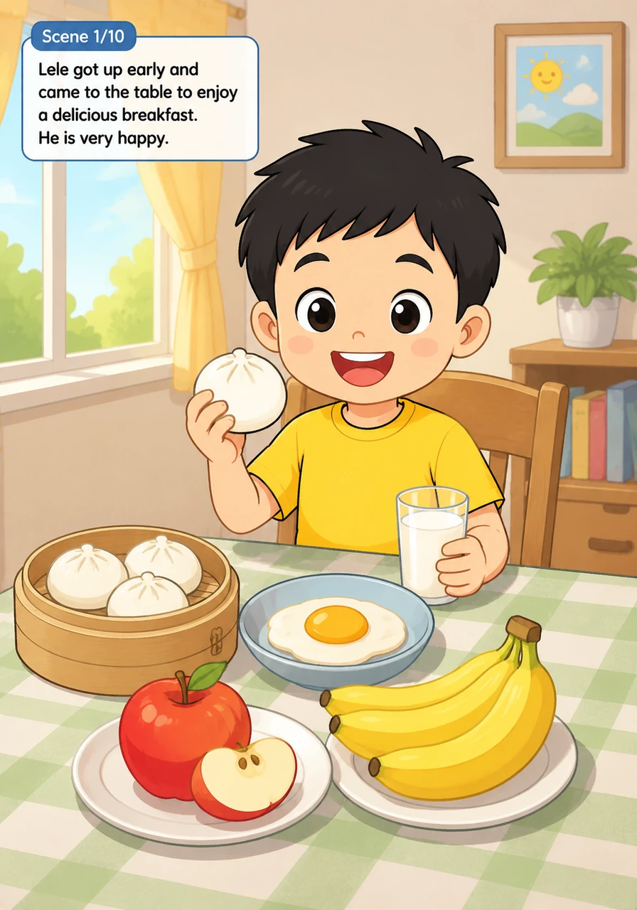 乐乐早早起床，来到餐桌旁享用丰盛的早餐。桌上摆放着营养丰富的 mian bao, niu nai, ji dan, ping guo 和 xiang jiao，乐乐吃得非常开心。