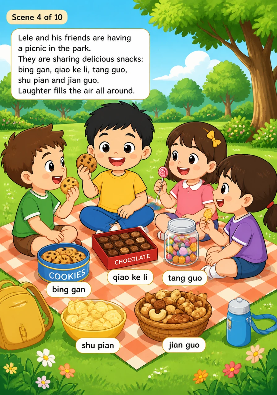 乐乐和好朋友们在公园的草地上举行野餐会。大家分享着美味的小零食，有 bing gan, qiao ke li, tang guo, shu pian 和 jian guo，笑声传遍了四周。