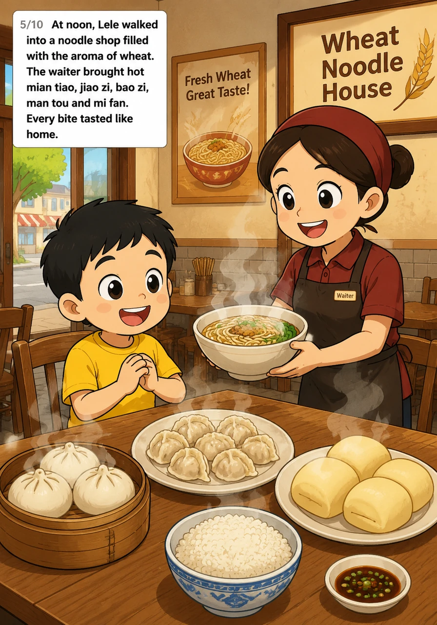 中午，乐乐走进一家充满麦香味的面食店。服务员端上了热腾腾的 mian tiao, jiao zi, bao zi, man tou 和 mi fan，每一口都是家乡的味道。
