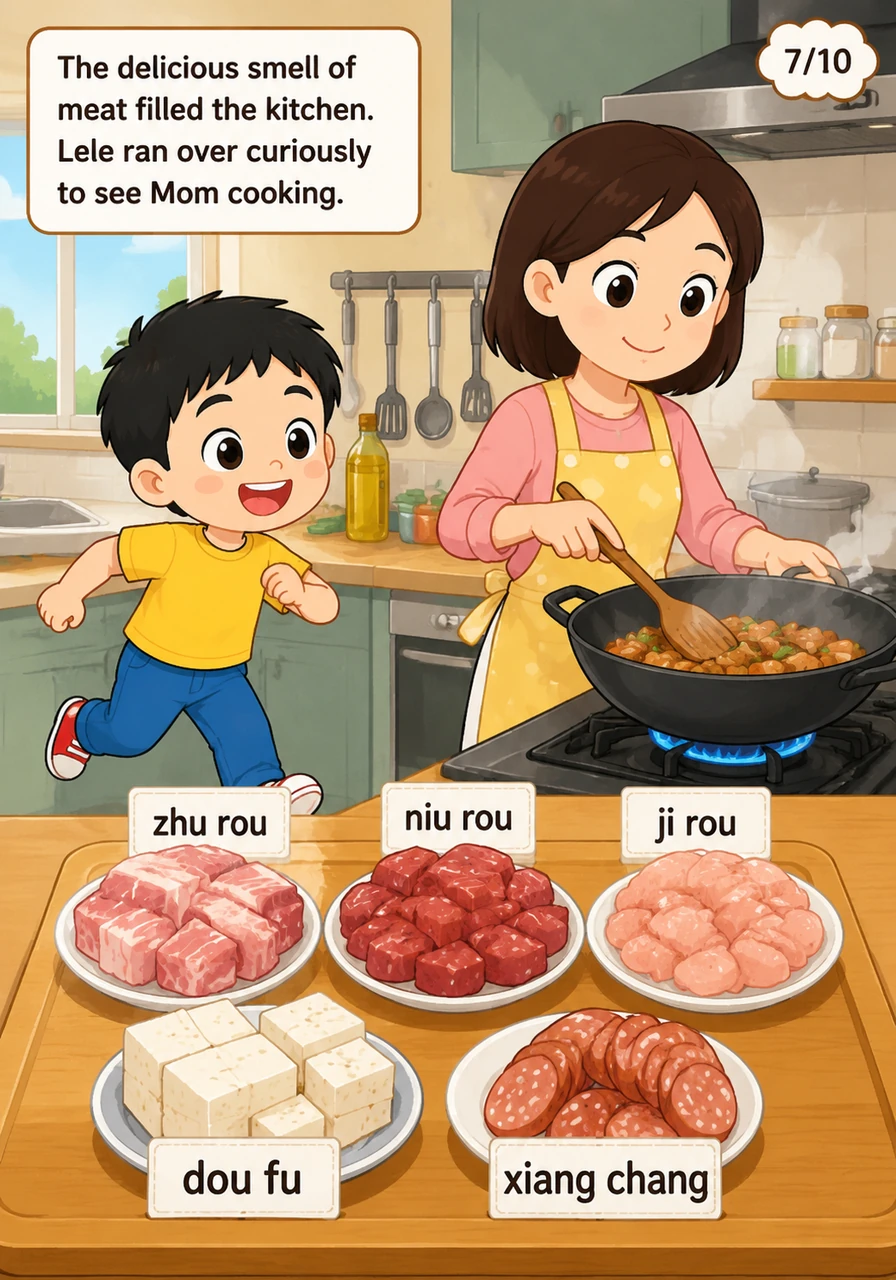 厨房里传来了阵阵肉香，乐乐好奇地跑去看妈妈做饭。案板上准备好了 zhu rou, niu rou, ji rou, dou fu 和 xiang chang，准备烹饪丰盛的晚餐。