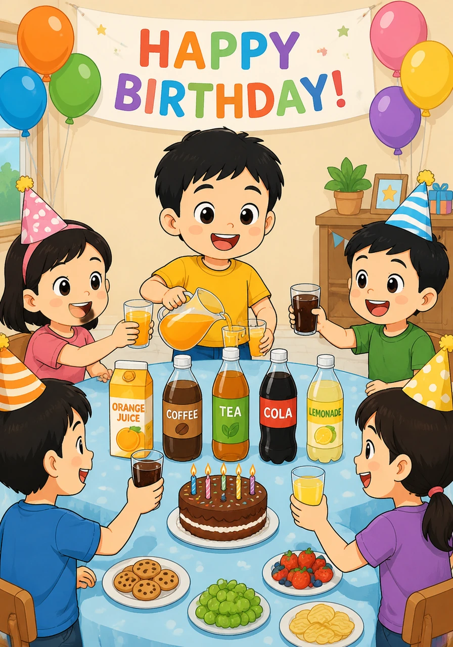 生日派对开始了，乐乐为大家倒上了好喝的饮品。桌上摆着 guo zhi, ka fei, cha, ke le 和 ning meng shui，大家举杯庆祝快乐的时刻。