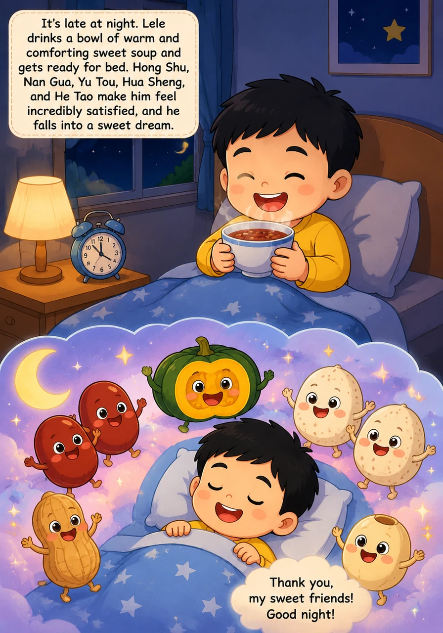 夜深了，乐乐喝完一碗暖胃的甜汤准备睡觉。hong shu, nan gua, yu tou, hua sheng 和 he tao 让他感到无比满足，进入了甜美的梦乡。
