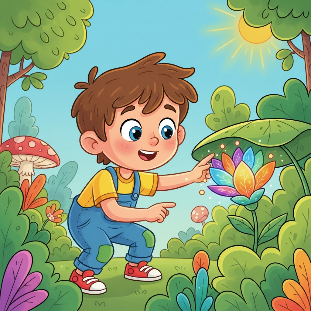 Léo, un petit garçon aux yeux pétillants, explorait son jardin. Il adorait les petites merveilles cachées sous les feuilles. Un jour, il découvrit une fleur jamais vue, qui scintillait d'une étrange lumière sous le soleil. Ses couleurs étaient si vives qu'elle semblait tout droit sortie d'un rêve.