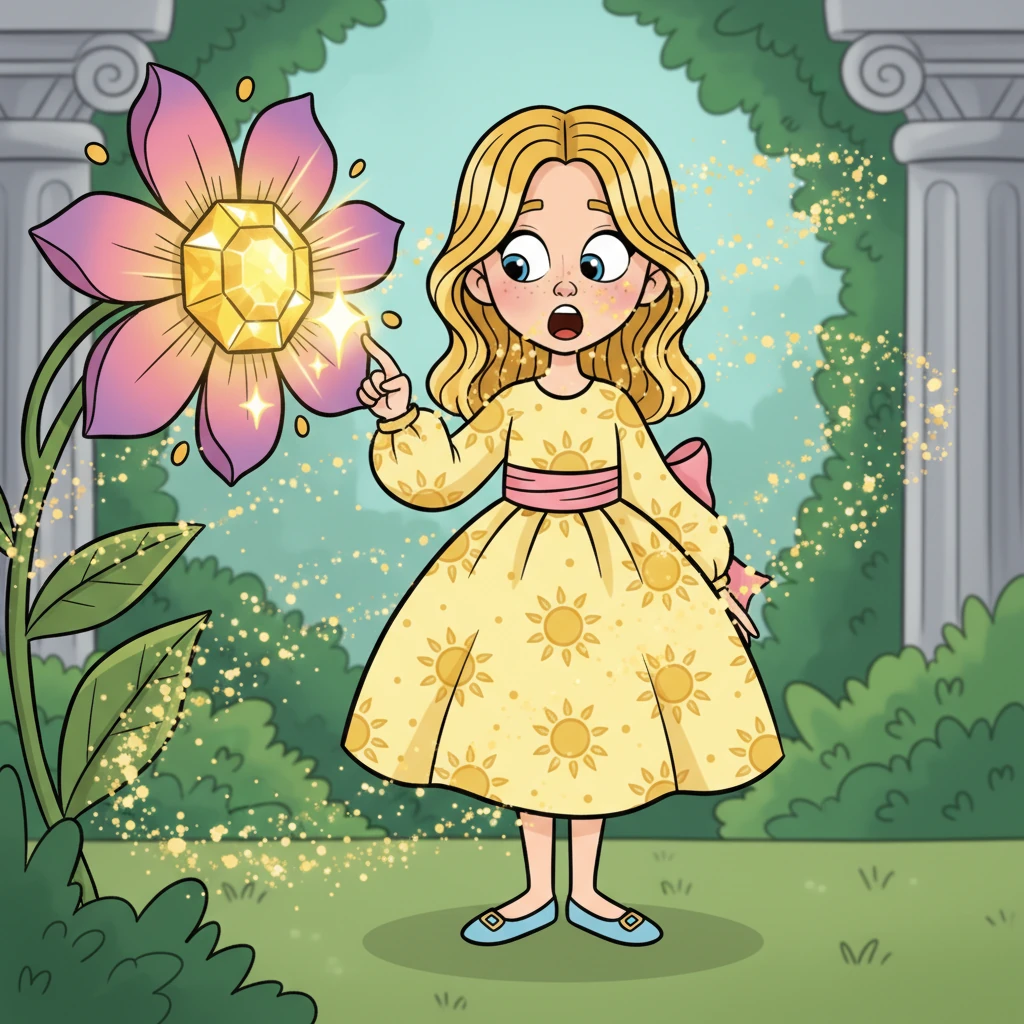 Curieux, Léo tendit un doigt délicat et effleura un pétale. À sa grande surprise, la fleur se transforma instantanément en un éclatant bijou d'or pur, scintillant de mille feux. Léo écarquilla les yeux, stupéfait par cette transformation magique et inattendue.