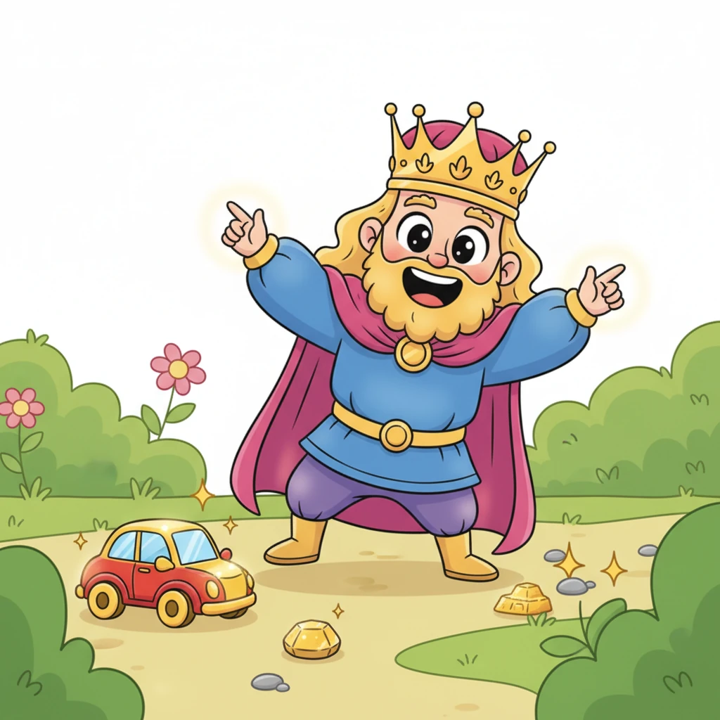 Exalté par cette découverte, Léo commença à toucher d'autres objets autour de lui. Sa petite voiture rouge devint dorée, un galet gris se mua en une pépite brillante. Il riait aux éclats, émerveillé par son nouveau pouvoir magique et l'éclat de toutes ces nouvelles créations.