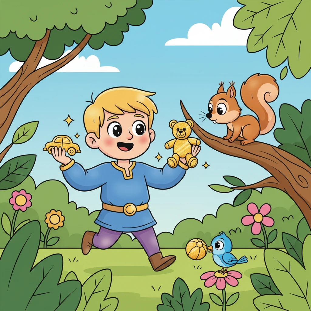 Il courut montrer ses trésors étincelants à ses amis du jardin : un écureuil malicieux et un petit oiseau curieux. Les animaux observaient avec curiosité les objets dorés, mais ne pouvaient pas jouer avec ces formes devenues dures et froides. Léo, lui, était fier de sa collection.