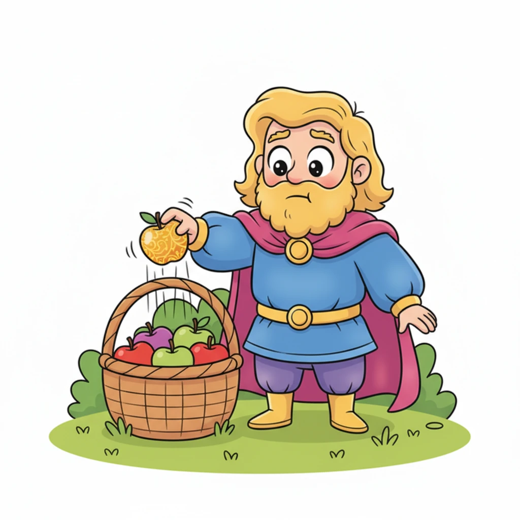 Plus tard, Léo eut faim et saisit une pomme croquante dans le panier. Au moment où ses doigts la touchèrent, elle se changea en une pomme dorée, dure comme une pierre. Son sourire s'effaça, il ne pouvait plus la croquer. Une petite grimace d'inquiétude apparut sur son visage.