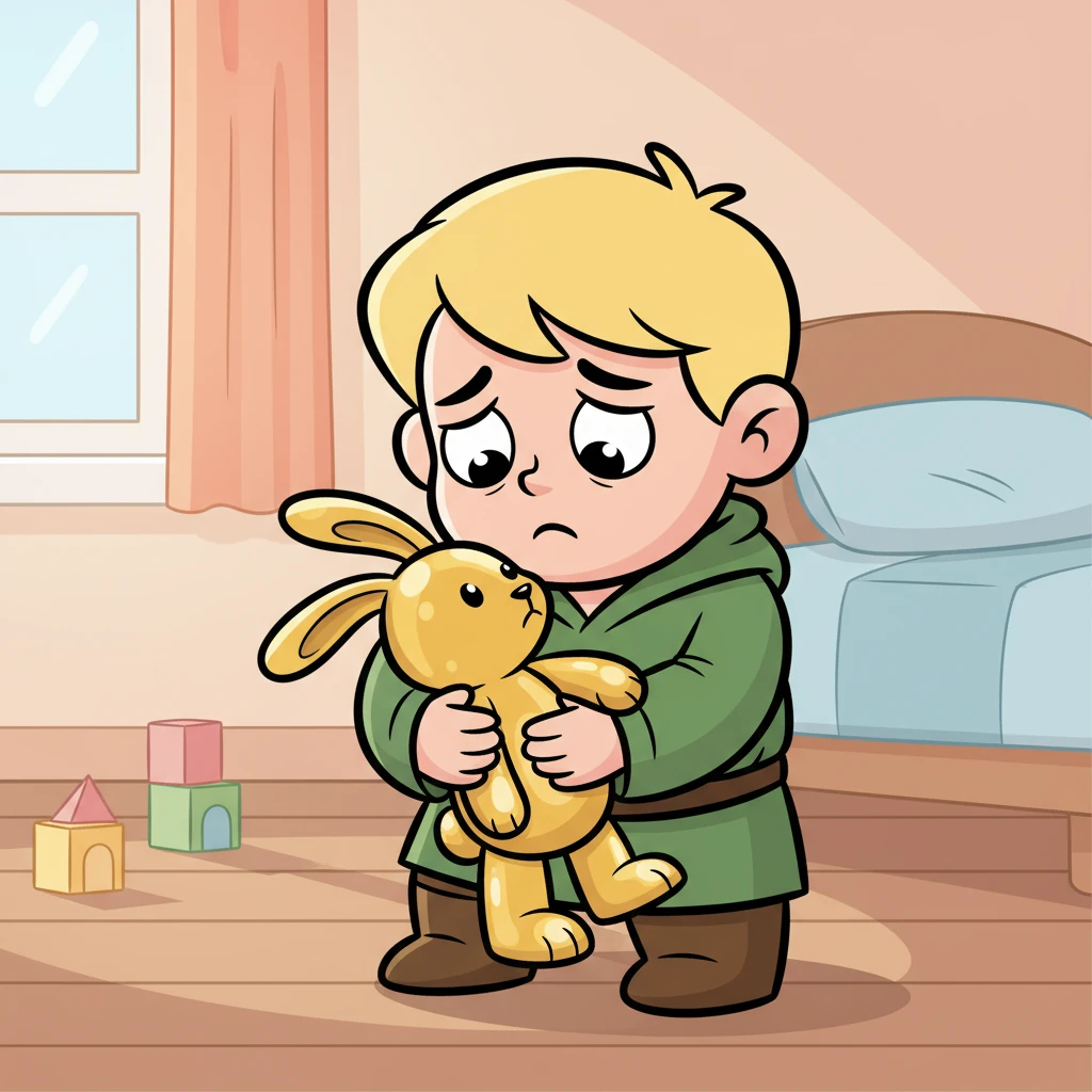 Triste, Léo voulut réconforter son doudou, un lapin en peluche tout doux. Mais dès qu'il l'étreignit, le lapin devint une statue d'or rigide et froide. Léo sentit une pointe de tristesse, il manquait la douceur et le moelleux de son ami en tissu.